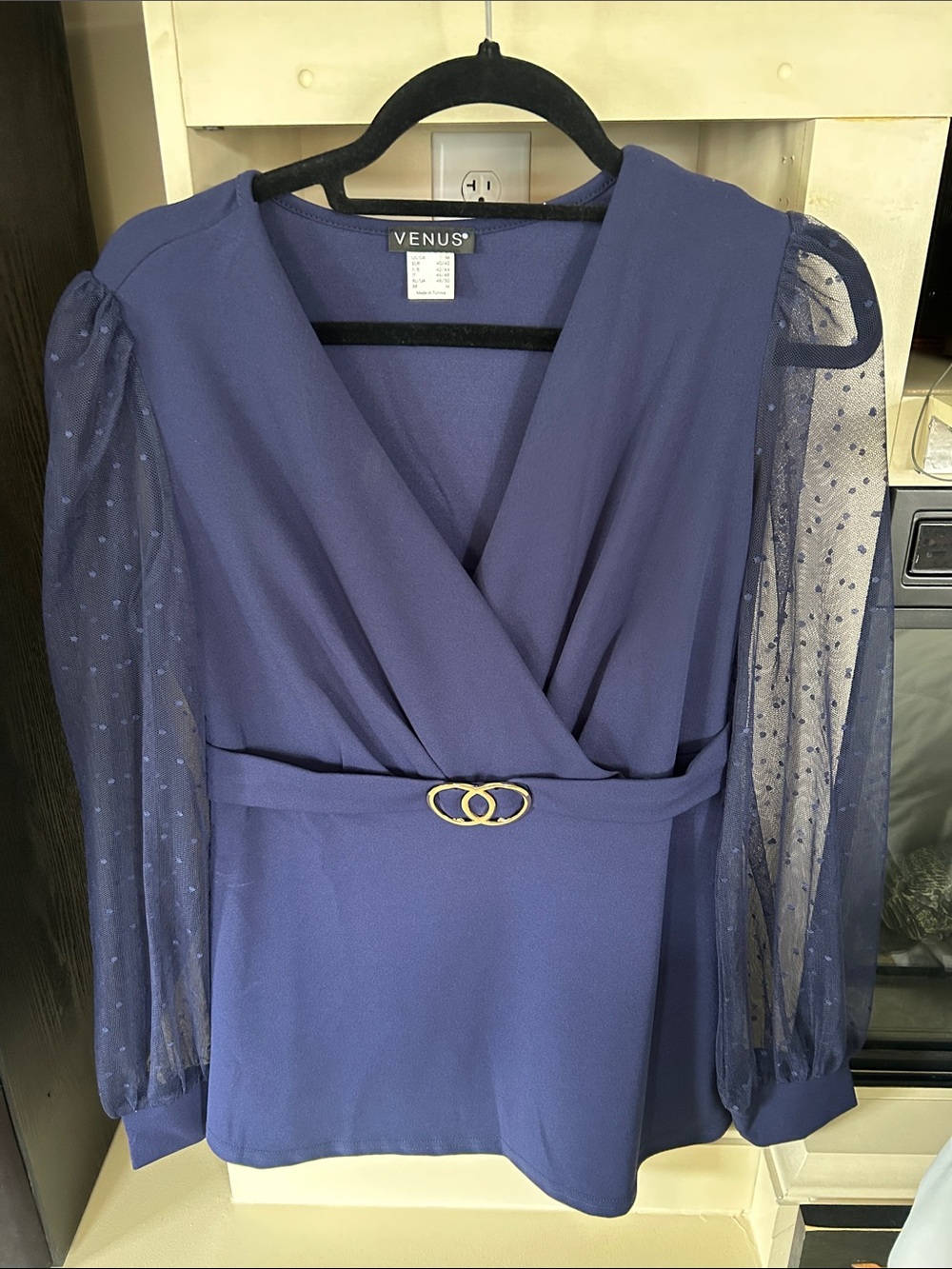 VENUS Purple Wrap Blouse with Sheer Polka Dot Sleeves